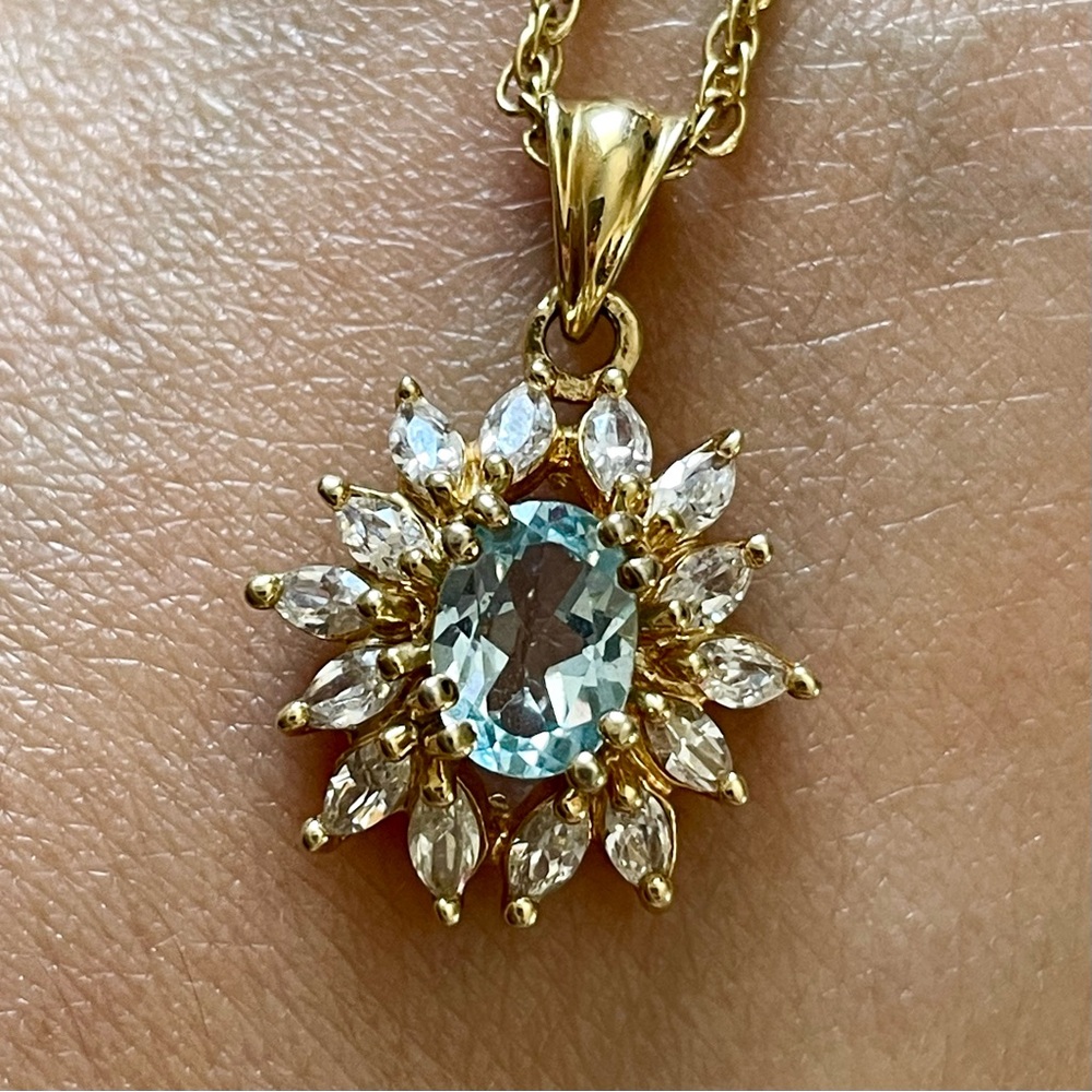 Gold-tone starburst necklace | oval blue topaz crystal, retro glam